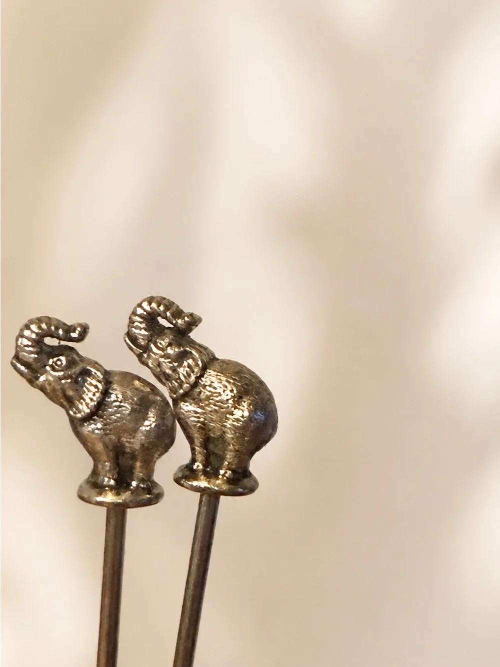 Antique Brass Elephant Olive Picks with Holder - Brown